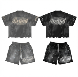 Ensemble T-shirt et short pour homme, style streetwear automne, imprimé léopard, en tissu éponge respirant, col rond, effet délavé, imprimé numérique - Product Image 1