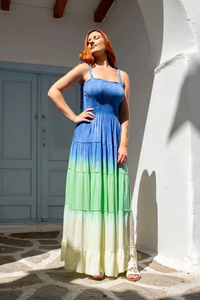 Womens Solid Plaid Tie Dye Smocked <b>Maxi</b> <b>Dress</b> Boho Summer <b>Short</b> Sleeve Tiered Long Beach Casual Eco-Friendly 100% Streetwear - Product Image 2