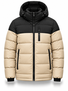 <b>Men's</b> Beige Black Hooded Puffer <b>Jacket</b> Waterproof Quick Dry Windproof <b>Smart</b> Casual Zipper Polyester Wadding Winter Regular - Product Image 1