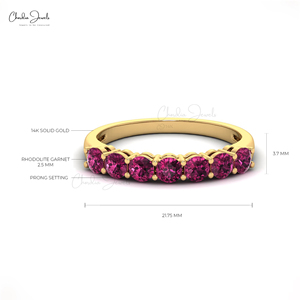 Bague demi-éternité en grenat rhodolite naturel de 3 mm à taille ronde avec anneau empilable en or fin 14 carats, bague à 7 pierres d'Inde - Product Image 3