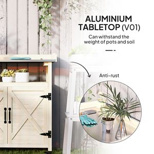 Banco da Giardinaggio in Legno Naturale con Armadietto e Piano in Alluminio per Uso Esterno con Ruote in Gomma - Product Image 4