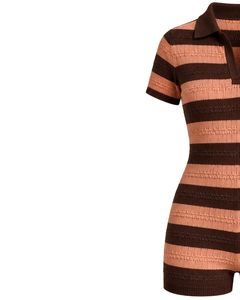 Combinaison en tricot rayée marron chocolat et pêche pour femme, manches courtes, col polo, en coton, décontractée, été, coupe ajustée - Product Image 2