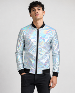 Wholesale Custom <b>Mens</b> Bomber <b>Jacket</b> Shiny Rainbow Front Glitter Print Zip Front Stand Collar Autumn <b>Jacket</b> Windproof <b>Canvas</b> OEM - Product Image 5