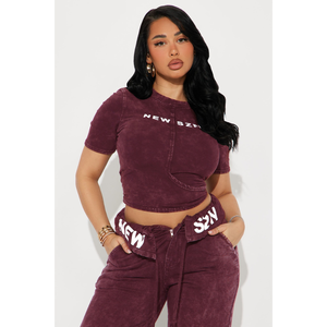 Women's Burgundy 100% Cotton Fleece 2-Piece <b>Set</b> <b>Short</b> Sleeve O-Neck <b>Top</b> with Cargo Pants Skinny Fit Winter Casual Wear - Product Image 3