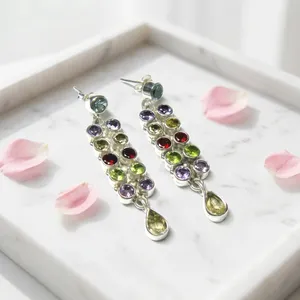 Pendientes Colgantes de Plata de Ley 925 con Piedras Preciosas Multicolores, Amatista, Granate, Peridoto, Citrino, Joyería Hecha a Mano, Venta al por Mayor - Product Image 3