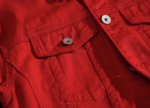 Men's <b>Red</b> Denim Jacket Turn-down Collar Single Breasted Casual Ripped Hole Design Autumn Slim Fit Cotton <b>Material</b> - Product Image 6