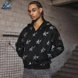 Sweat-shirt à capuche zippé pour homme, personnalisé OEM, imprimé motif étoiles sur toute la surface, fermeture éclair intégrale, en molleton, coupe ample - Product Image 2