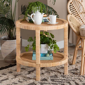 Table d'appoint en bois massif avec rangement en rotin et acajou pour meubles de salon - Product Image 2