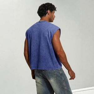 Mens Acid Wash Cropped Tank <b>Tops</b> Dolman Sleeve Oversized Vintage Muscle Sleeveless Boxy <b>Crop</b> <b>Top</b> 100% Cotton Badge <b>Sequined</b> - Product Image 3