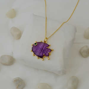 Amethyst Fish Pendant <b>Necklace</b> Handmade Carved Gemstone Jewelry Gold Plated <b>Statement</b> <b>Necklace</b> With Green Stone Eye Accent - Product Image 4
