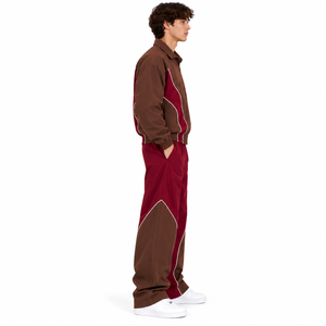 <b>Men</b>’s Brown Burgundy Color Block Zip Up Track Jacket Wide Leg Pants Retro Streetwear <b>Set</b> - Product Image 2
