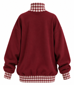 Pull-over décontracté d'hiver pour femme, col montant oversize, motif écossais et patchwork, style streetwear, vente en gros sur mesure - Product Image 4