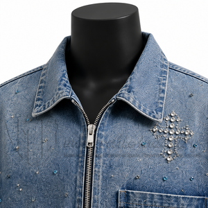 Camisa de mezclilla personalizada para hombre, de manga corta, con cremallera completa, con pedrería, estilo urbano, fabricante OEM de marca privada - Product Image 6