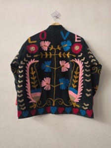 Hand Embroidered Velvet Suzani <b>Jacket</b>, Dark Forest Green Boho Floral Coat, Artisanal Crewel Stitch <b>Short</b> <b>Jacket</b>, Bohemian Velvet - Product Image 4