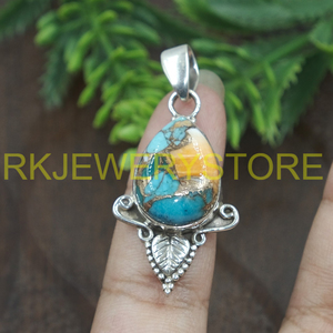 Pendentif en argent sterling 925 avec turquoise d'huître épineuse orange, fait main, style bohème vintage, motif feuille, bijou en pierre précieuse, cadeau unisexe pour elle - Product Image 4