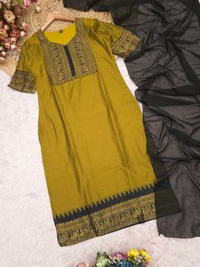 Green Cotton <b>Kurti</b> With Black Dupatta Traditional <b>Indian</b> Pakistani Women's Casual Wear Midi Length Regular Fit - Product Image 6