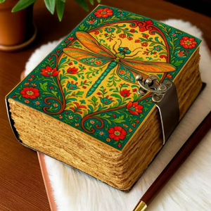 Printed 400 Page Large Green Dragonfly Leather Journal <b>Lock</b> Handmade Classic Vintage Writing Hardcover Floral <b>Diary</b> Sketchbook - Product Image 5