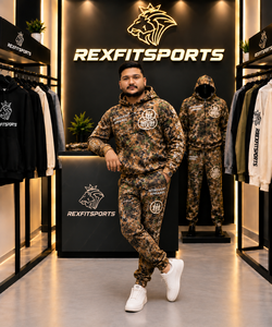 ชุดวอร์มลายพรางสำหรับผู้ชาย REXFIT SPORTS พร้อมงานปักแบบดิสเทรส พิมพ์ลายสกรีน เสื้อฮู้ดดี้และกางเกงจ็อกเกอร์แบบสปอร์ต - Product Image 5