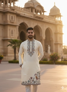 Men's Cream Embroidered Kurta <b>Set</b> With Bird Floral Design Traditional Indian Pakistani Wedding Wear Regular Fit Ankle-Length - Product Image 4
