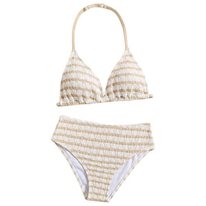 Conjunto de Bikini a Rayas para Mujer, Top Triangular con Cuello Halter, Braguita de Cintura Alta, Traje de Baño Elástico de Spandex y Poliéster - Product Image 5
