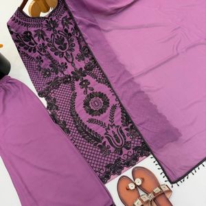 Ensemble Kurti et pantalon pour femme en georgette épaisse, brodé au point de chaînette, avec dupatta à bordure en dentelle, idéal pour les soirées - Product Image 1