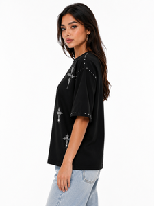 เสื้อยืดประดับเพชรขนาดใหญ่พิเศษสำหรับผู้หญิง |   เสื้อยืดสตรีทแวร์พรีเมียมทรงหลวมสีดำ OEM รับผลิตแบรนด์ส่วนตัว - Product Image 3