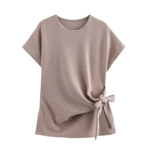 เสื้อยืดคอกลมแขนสั้น ผ้าฝ้าย 100% เป็นมิตรกับสิ่งแวดล้อม แห้งเร็ว สไตล์ลำลอง แฟชั่นทุกฤดู พร้อมโบว์ผูกด้านข้างสำหรับผู้หญิง - Product Image 1