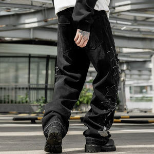 Pantalon décontracté unisexe en denim délavé de haute qualité, style vintage respirant, streetwear hip-hop Y2K avec patch brodé étoile - Product Image 2