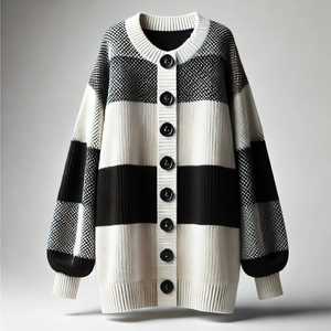 Women's Knitted <b>Cardigan</b> O-Neck <b>Long</b> <b>Sleeve</b> <b>Balloon</b> <b>Sleeve</b> Plaid Pattern Button Closure Casual Autumn Top - Product Image 1