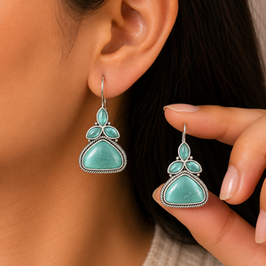 Daily Wear Monalisa Antique Silver Plated <b>Brass</b> Zircon Vintage Triangle Shape Stud Earring for Women's Party Gift Bulk Wholesale - Product Image 1