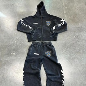 Ensemble de survêtement en molleton unisexe Streetwear noir à capuche avec fermeture éclair, manches longues et logo # 0009 Vêtements d'hiver écologiques imprimés - Product Image 1