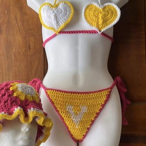 Conjunto de bikini de 2 piezas de ganchillo hecho a mano personalizado para mujer, estilo bohemio, sin espalda, push-up, con diseño de margaritas y logo frontal, ropa de playa - Product Image 3