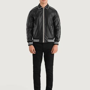 Daphnia <b>Men</b> Leather Bomber <b>Jacket</b> Varsity <b>Jacket</b> PU Leather Baseball <b>Jacket</b> Ribbed Cuff Zip Up Streetwear Casual Leather <b>Jacket</b> - Product Image 1