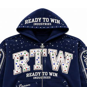 ชุดวอร์มฮู้ดดี้ Ready To Win Industries ลายพิมพ์กลิตเตอร์ประดับเพชร แขนยาว ซิปหน้า มีกระเป๋า สีน้ำเงินกรมท่า สไตล์สตรีทแวร์ สำหรับผู้ใหญ่ - Product Image 2