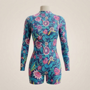 Bikini con estampado floral para mujer, cuello redondo, manga larga, elástico, poliéster, pantalones cortos de cintura alta, cremallera frontal, secado rápido - Product Image 3