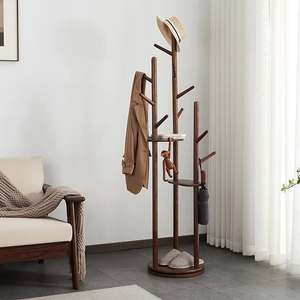 SINTERIOR 3 POST WOODEN COAT RACK FREESTANDING CLOTHES HANGER WITH <b>HOOKS</b> FOR HOME HOTEL - Product Image 2