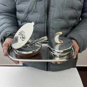 Elegant <b>Silver</b> Metal & Wood Incense <b>Burner</b> Set Featuring A Ramadan Mubarak Lidded Bowl, Crescent Handle, And Sleek Tray For Home - Product Image 6