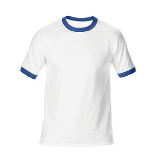T-shirt en coton blanc pour homme, manches courtes, col rond, bordure rouge contrastante, coupe classique, décontracté, jersey uni, tricoté, teint uni - Product Image 2