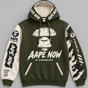 เสื้อฮู้ดผู้ชาย AAPE *A BATHING APE รุ่น Winter Fleece สีเขียวลายกราฟิกดิสชาร์จ มีกระเป๋าหน้า สไตล์สตรีทแวร์ ทรงพอดีตัว - Product Image 1