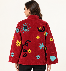 Handmade Maria Garments Red <b>Velvet</b> Embroidery Floral Pattern Eco-Friendly Bomber Jacket <b>Women</b> Long Sleeves Stand Collar Winter - Product Image 2