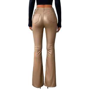 Pantalones de Cuero de Cintura Alta para Mujer, Corte Ajustado, Estilo Campana, Elásticos, para Fiestas y Uso Diario - Product Image 4