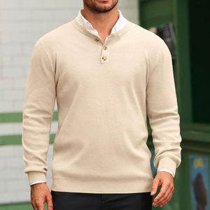 Pull en cachemire beige tendance à manches longues, couleur unie, fermeture boutonnée, style tricoté automne, coupe classique - Product Image 4