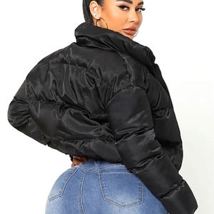 Chaqueta Acolchada Negra para Mujer, Manga Larga, Cuello Alto, Cierre de Cremallera, Abrigo Grueso de Invierno, Color Sólido, Relleno de Poliéster - Product Image 5