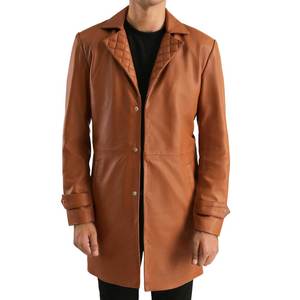 <b>Men's</b> Tan Genuine Leather Slim Fit Winter Breathable Button-Front <b>Trench</b> <b>Coat</b> with Quilted Lapels - Product Image 4