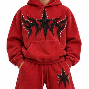 Ensemble sweat à capuche et pantalon de jogging unisexe en polaire rouge, broderie flamme étoile, style streetwear décontracté - Product Image 5
