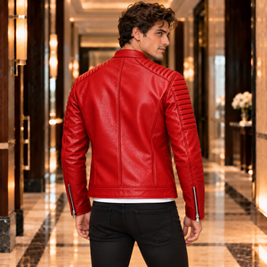<b>Genuine</b> Red <b>Leather</b> <b>Jacket</b> for <b>Men</b> Premium Motorcycle Coat <b>Leather</b> Texture Lapel Design Metal Hardware Quilted Sleeve Style - Product Image 2
