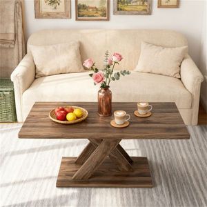37.5 Inch <b>Rustic</b> Brown <b>Coffee</b> <b>Table</b> with Geometric Design and Wood Texture Durable Rubber Wood Plywood Frame - Product Image 2