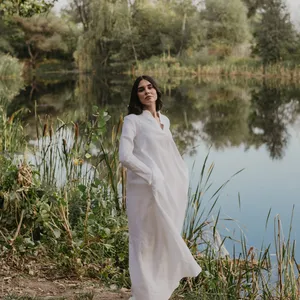 Robe longue ample vintage blanche pour femme, manches longues, en lin doux, style cottage core, robe d'été - Product Image 5