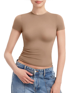Vente en gros de t-shirts à manches courtes pour femmes 2024, tissu en toile, col rond, écologiques, respirants, compressés, décontractés, taille personnalisée - Product Image 3