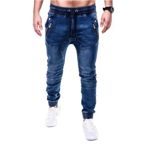 Men's Breathable Solid Mid Waist Summer Knitted Washed Denim Fabric Casual Sweatpants Drawstring Jeans - Product Image 4
